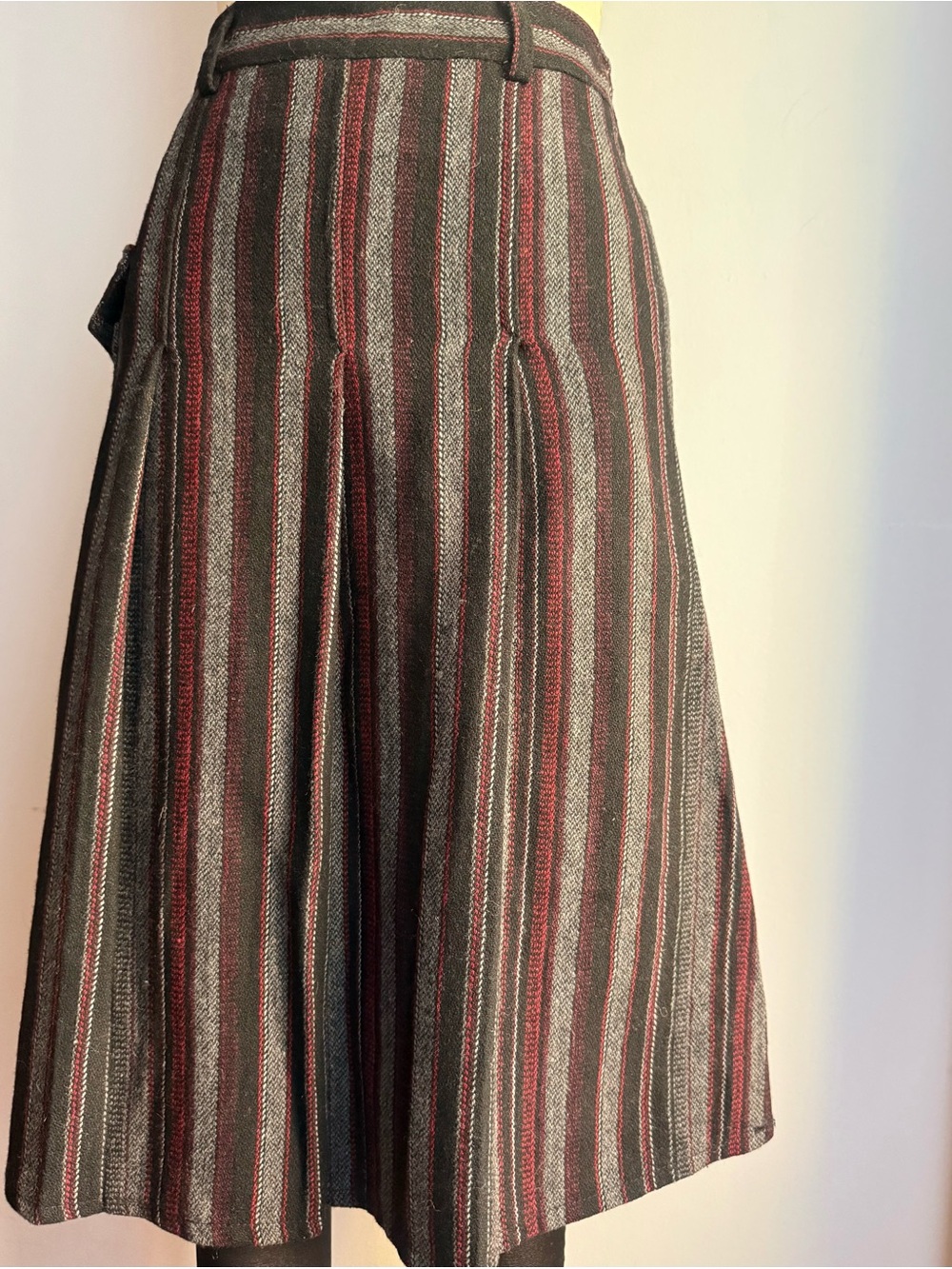 Vintage Handmade Wool Pinstripe Pleated Cargo Midi Skirt XS